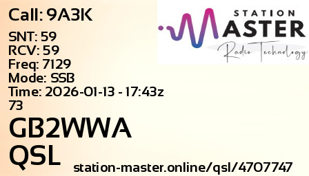 QSL Card for GB2WWA QSO with 9A3K