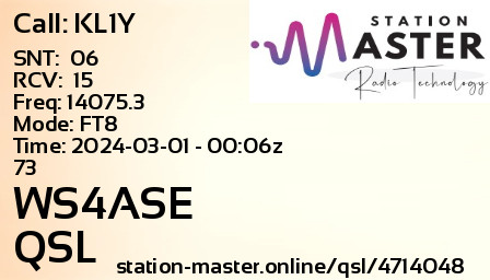 QSL Card for WS4ASE QSO with KL1Y