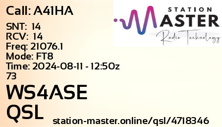 QSL Card for WS4ASE QSO with A41HA