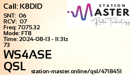 QSL Card for WS4ASE QSO with K8DID