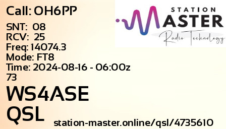 QSL Card for WS4ASE QSO with OH6PP