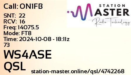 QSL Card for WS4ASE QSO with ON1FB