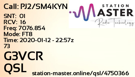 QSL Card for G3VCR QSO with PJ2/SM4KYN