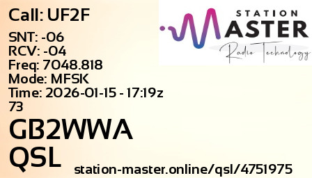 QSL Card for GB2WWA QSO with UF2F