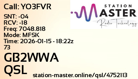 QSL Card for GB2WWA QSO with YO3FVR