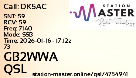 QSL Card for GB2WWA QSO with DK5AC