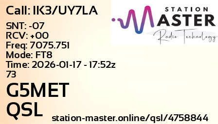 QSL Card for G5MET QSO with IK3/UY7LA
