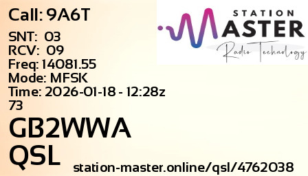 QSL Card for GB2WWA QSO with 9A6T