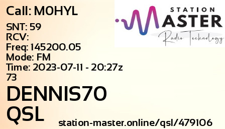 QSL Card for DENNIS70 QSO with M0HYL