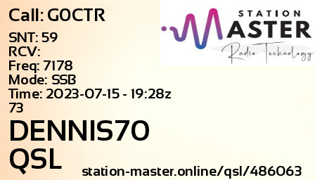 QSL Card for DENNIS70 QSO with G0CTR