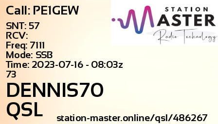 QSL Card for DENNIS70 QSO with PE1GEW