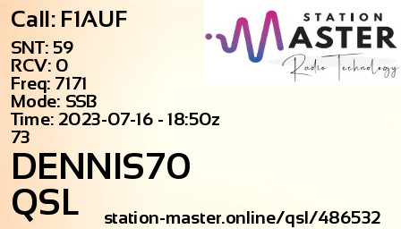 QSL Card for DENNIS70 QSO with F1AUF