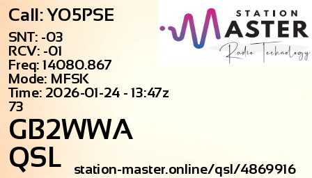 QSL Card for GB2WWA QSO with YO5PSE