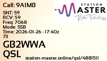 QSL Card for GB2WWA QSO with 9A1MB