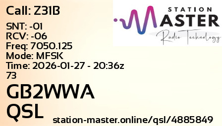 QSL Card for GB2WWA QSO with Z31B