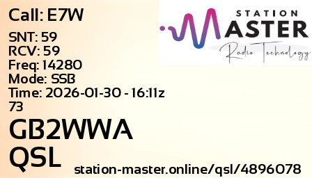 QSL Card for GB2WWA QSO with E7W