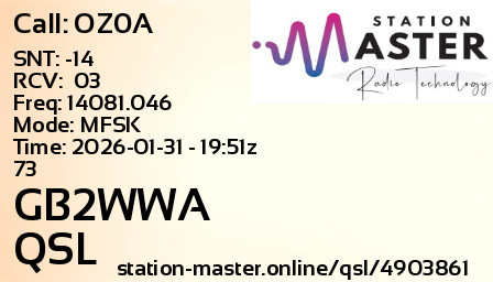 QSL Card for GB2WWA QSO with OZ0A