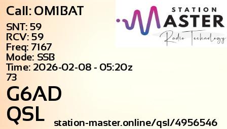 QSL Card for G6AD QSO with OM1BAT
