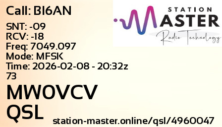 QSL Card for MW0VCV QSO with BI6AN