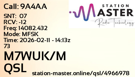 QSL Card for M7WUK/M QSO with 9A4AA