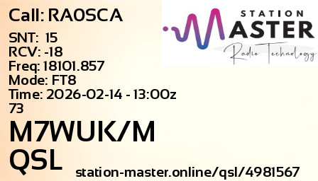 QSL Card for M7WUK/M QSO with RA0SCA