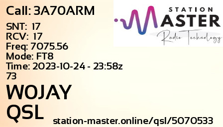 QSL Card for W0JAY QSO with 3A70ARM