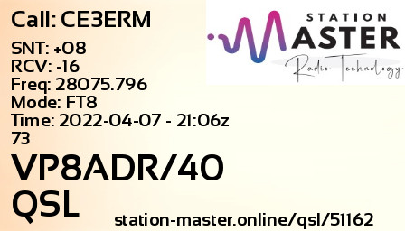 QSL Card for VP8ADR/40 QSO with CE3ERM