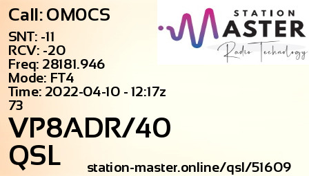 QSL Card for VP8ADR/40 QSO with OM0CS