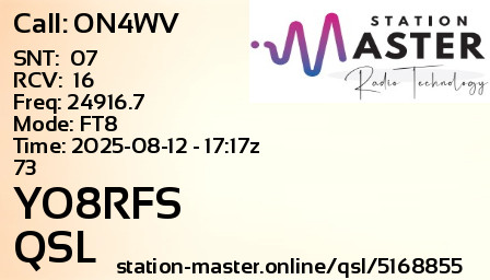 QSL Card for YO8RFS QSO with ON4WV
