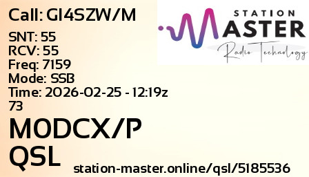 QSL Card for M0DCX/P QSO with GI4SZW/M