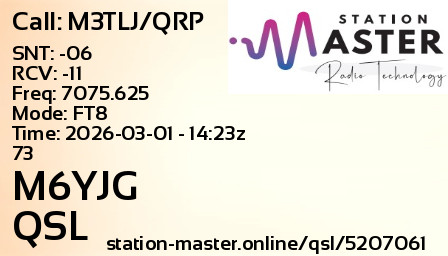 QSL Card for M6YJG QSO with M3TLJ/QRP