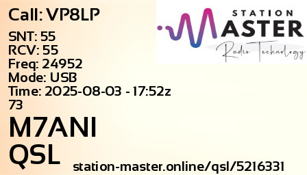 QSL Card for M7ANI QSO with VP8LP