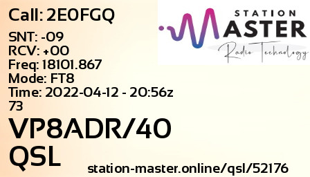 QSL Card for VP8ADR/40 QSO with 2E0FGQ