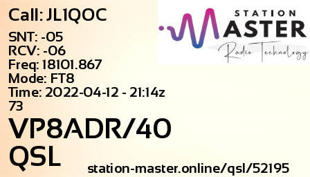 QSL Card for VP8ADR/40 QSO with JL1QOC