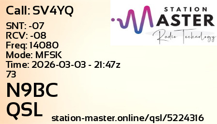 QSL Card for N9BC QSO with SV4YQ