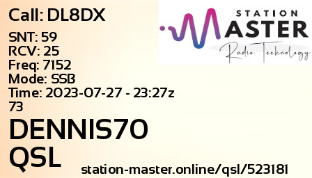 QSL Card for DENNIS70 QSO with DL8DX