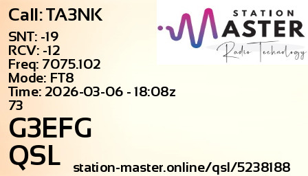 QSL Card for G3EFG QSO with TA3NK
