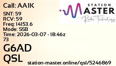 QSL Card for G6AD QSO with AA1K