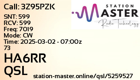 QSL Card for HA6RR QSO with 3Z95PZK