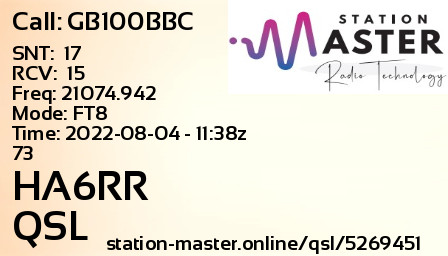QSL Card for HA6RR QSO with GB100BBC