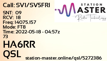 QSL Card for HA6RR QSO with SV1/SV5FRI