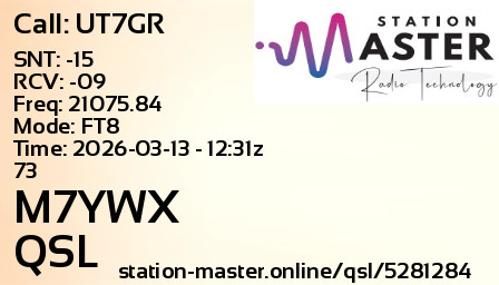 QSL Card for M7YWX QSO with UT7GR