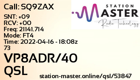 QSL Card for VP8ADR/40 QSO with SQ9ZAX