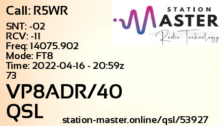 QSL Card for VP8ADR/40 QSO with R5WR