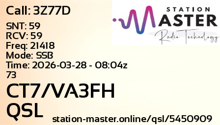 QSL Card for CT7/VA3FH QSO with 3Z77D