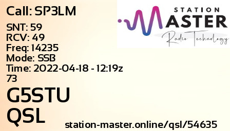 QSL Card for G5STU QSO with SP3LM