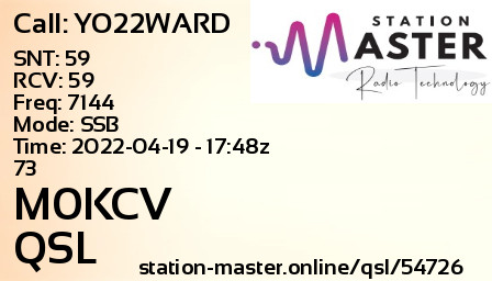 QSL Card for M0KCV QSO with YO22WARD