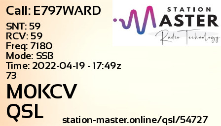 QSL Card for M0KCV QSO with E797WARD
