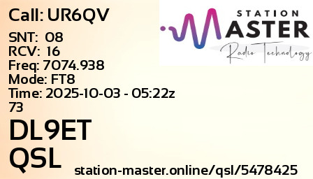QSL Card for DL9ET QSO with UR6QV