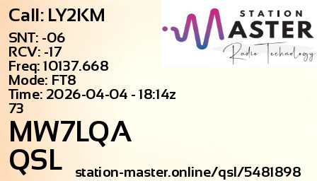 QSL Card for MW7LQA QSO with LY2KM
